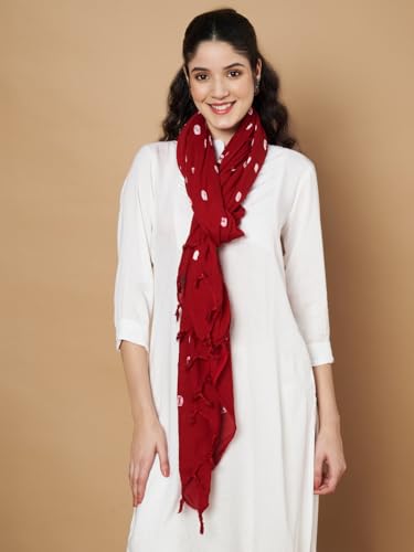 Image of Women's Cotton Rayon Bandhani Print Dupatta with Tassels 2.25 Meters | Women's cotton printed dupatta with tassels.