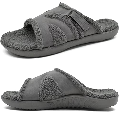 KuaiLu Orthopedic Slippers Womens Comfy Plantar Fasciitis Arch Support Ladies Open Toe Orthotic Supportive Lightweight Bedroom Sliders Slippers Sherpa House Shoes Indoor Outdoor Sandals chic Grey 5.5