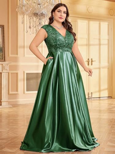 Image of Plus Size Satin Mother of the Bride Formal Gown for Wedding Sleeveless V-Neck Evening Dress