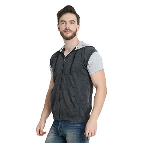 Image of Teemoods Men's Cotton Fleece Sleeveless Hooded Jacket - Casual Zip Up Vest for Gym Workout, Running, Aerobics, Yoga - Regular Fit with 2 Pockets