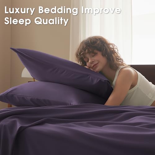 Image of Cal King 4 Piece Sheet Set - Comfy Breathable & Cooling Bed Sheets Set, Soft and Wrinkle Free, Deep Pockets, Easy & Secure Fit, Hotel Luxury Bedding - Oeko-Tex - Purple
