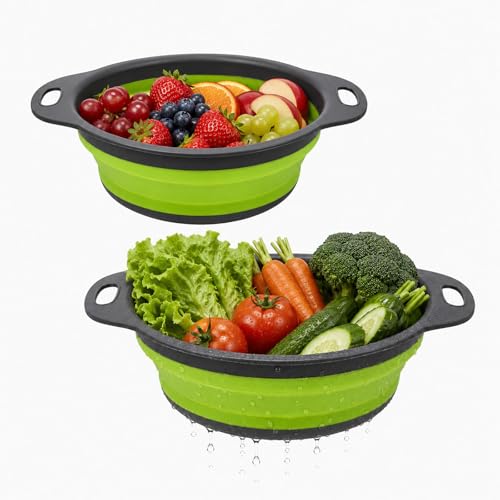 2 Pack Collapsible Silicone Colander with Handle, Over Sink Foldable Food Strainer, BPA-Free Space...