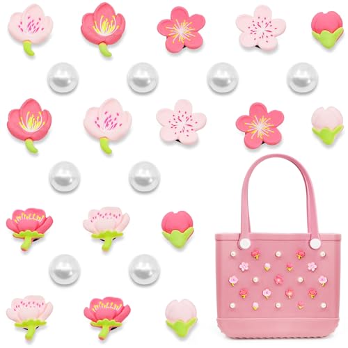 Accessories for Bogg Bag, Pink Flowers and Pearls Decoration for Bogg Bag Charms, Compatible with Women Rubber Beach Bag Tote Handbag, 23 Pcs