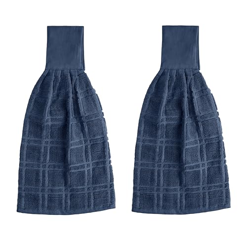 Blue Needles Hanging Kitchen Towels - Blue 100% Cotton Solid Kitchen Tie Towel, Set of 2 Hand Dish Cloth with Hanging Loops 9 x 17 Inches, Absorbent, Super Soft, and Fast Drying Home Essential