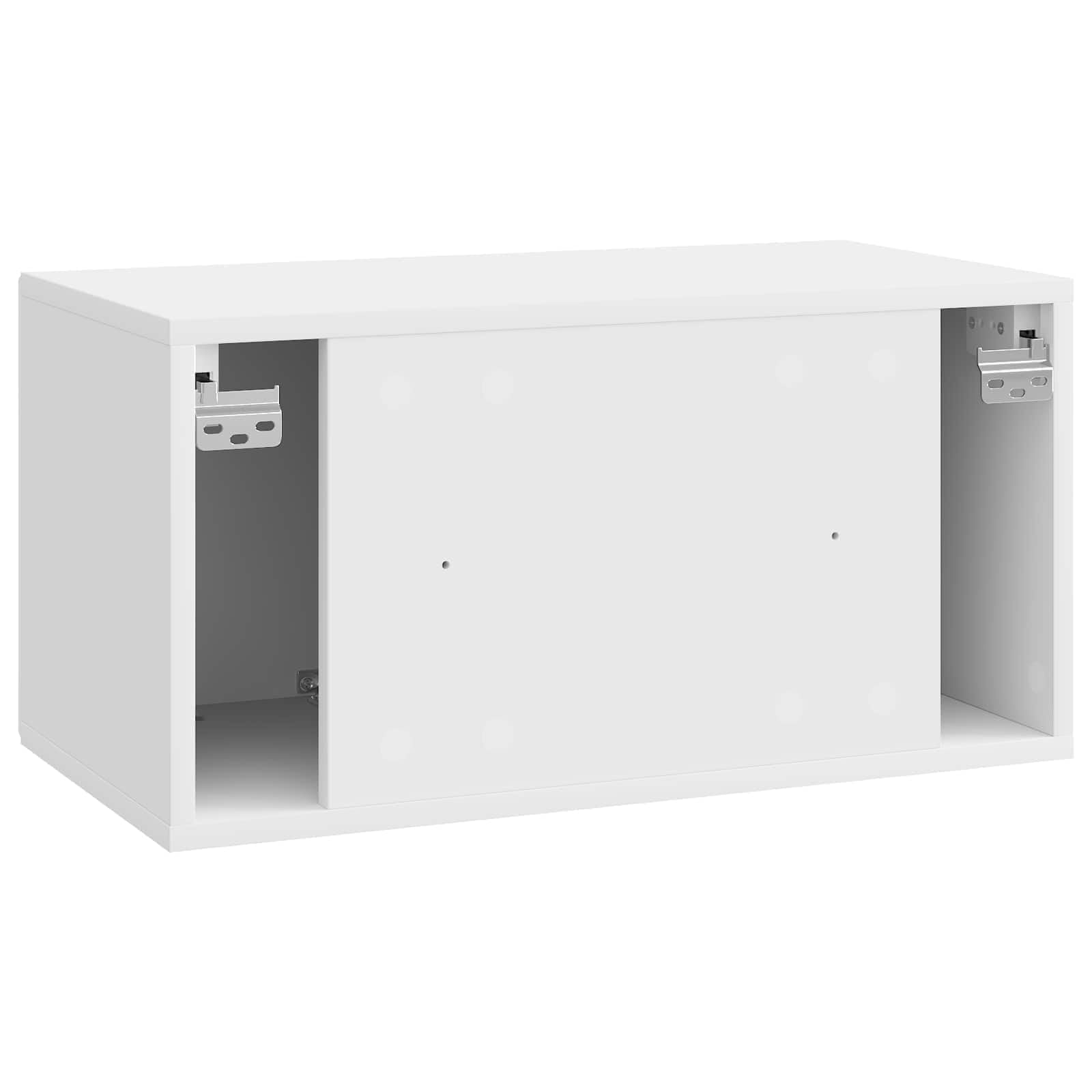 Mobile Porta TV da Muro Bianco Lucido in Legno Ingenerizzato 59,5 x 31 x 30 cm con Scomparti e Ripiani, Supporto TV Sospeso per Soggiorno, Consolle Salvaspazio con Passacavo e Anta