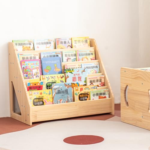 Image of 5 Tier Pine Wood Bookshelf Book Holder Wooden Kid's Book Rack Natural for Kids Room Study Room Play Room Books Magazines Storage Organizer