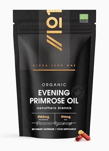 Organic Evening Primrose Oil 2160mg 195mg GLA 60 Vegan Liquid Capsules Cold-Pressed Rich Source of Omega 6 Resealable and Recyclable Pouch by Alpha01