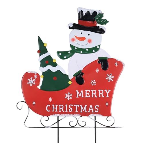 YEAHOME Outdoor Christmas Decorations, Metal Snowman with Sleigh Decorative Garden Stakes for Outdoor Yard, Merry Christmas Signs for Outside Porch Lawn Pathway Xmas Decor