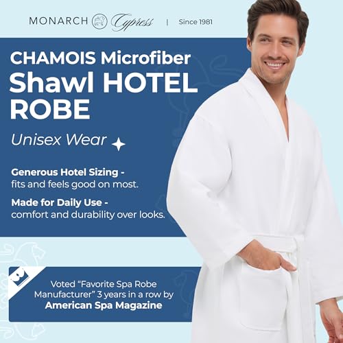 Image of Monarch Unisex Chamois Microfiber Shawl Hotel Robe - Soft Lightweight Fabric, Generously Sized Hotel & Spa Robe with Pockets