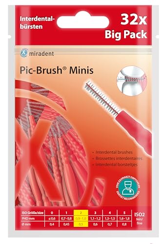 miradent Pic-Brush® Minis | Interdentalbürsten rot 0,5mm | 32 Stück | für eine optimal gründliche Reinigung der Zahnzwischenräume | ideal für unterwegs