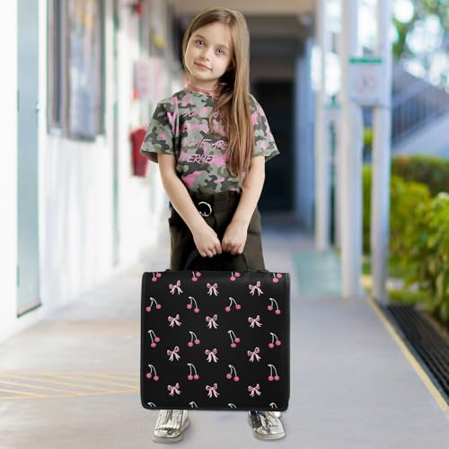 Image of Black Pink Bow Cherry Zipper Binder Bag 3 Ring Binder with Shoulder Strap Zip Up 500 Sheets Capacity Multi Pockets for School Office Supplies