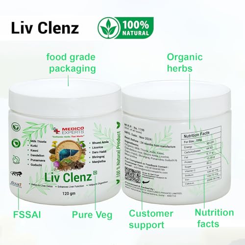 Image of Liv Clenz - Liver Detox Supplement | Blend of Milk Thistle, Kutki Powder, Dandelion Root & 8 Liver Detox Ayurvedic Herbs | Helps Repairing From Alcoholic & Fatty Liver | 120gm (1 Month)