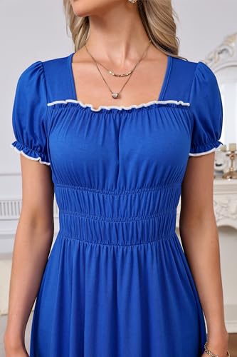 Image of Women's 2026 Summer Boho Floral Midi Dress Casual Square Neck Puff Sleeve A Line Dresses with Pockets