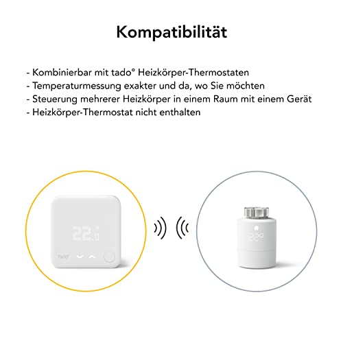 tado° Funk-Temperatursensor - Wifi Zusatzprodukt für smarte Heizkörperthermostate - digitale Raumtemperaturmessung für optimale Heizkörpersteuerung per App - einfache Installation - Heizkosten sparen