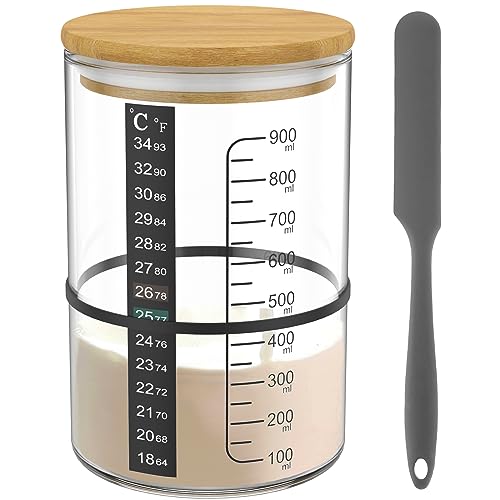 EUEOSTEN Tarro de iniciación de masa madre con tapa de madera, 900 ml, recipiente de arranque de masa madre, boca ancha, boca ancha, frasco de fermentación, jarra de fermentación con papel de