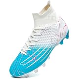 VTASQ Boys' Football Boots Kids Turf Football Shoes Professional Teenager Athletics Sneakers Outdoor Non-Slip Training Soccer Shoes High Top Football Shoes Spikes White 5UK