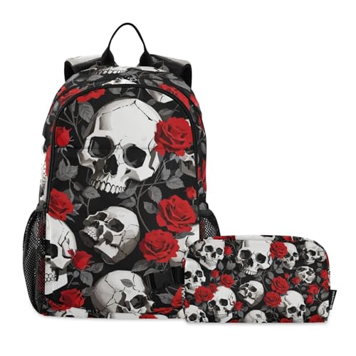 Backpack Red Rose Skulls Book Bag Daypack Shoulder Bag Lightweight Back Pack with Lunch Box Travel Laptop Daypack 18.5 x 11.8 In
