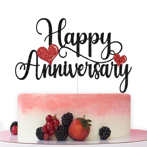 Happy Anniversary Cake Topper, Wedding Anniversary Cake Decorations, Birthday Wedding Anniversary Party Decoration Supplies, Black and Red Glitter