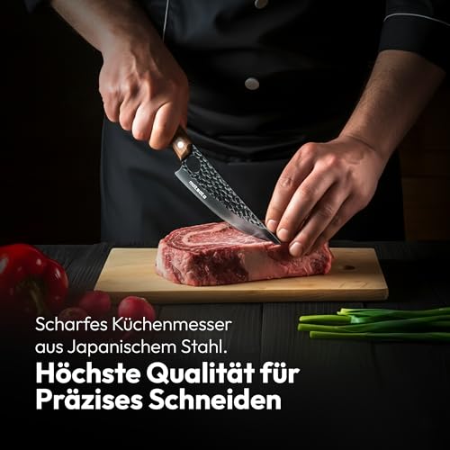 Matsato Küchenmesser Scharf mit Messerscheide Leder – Hochwertiges Kochmesser aus Japanischem Stahl, Klingenlänge 15 cm, Geschenk für Männer & Köche