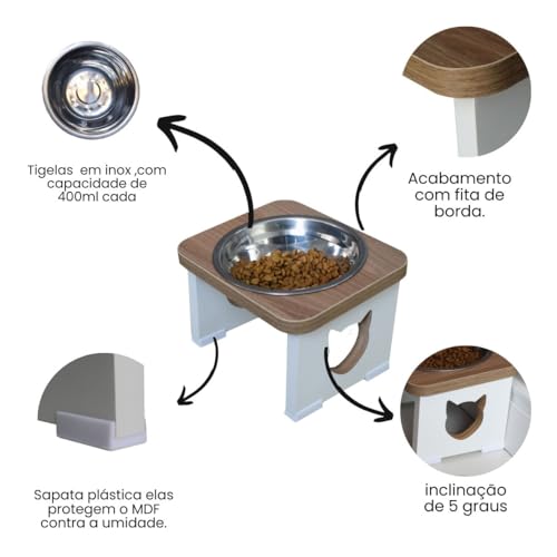 Comedouro Elevado Gato Pet MDF - Inox