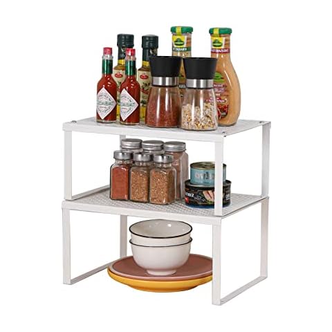 UOMIO Shelf Insert in Kitchen 2 Pack Cupboard Storage Organisers White Metal Spice Racks Set of 2 Cabinet Insert Shelves Expandable and Stackable for Can Condiment Cover