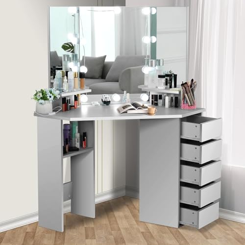 elifine Vanity Desk with Mirror and Lights, Makeup Corner Vanity with 5 Storage Drawers Shelves and 3 Dimmable Lighting Options and Vanity (Black)