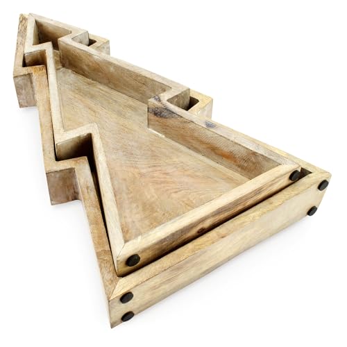 AuldHome Design Wooden Christmas Tree Trays (Nested Set of 2, Natural), Distressed Rustic Farmhouse Style Holiday Christmas Serving Decorative Platters - Image 5