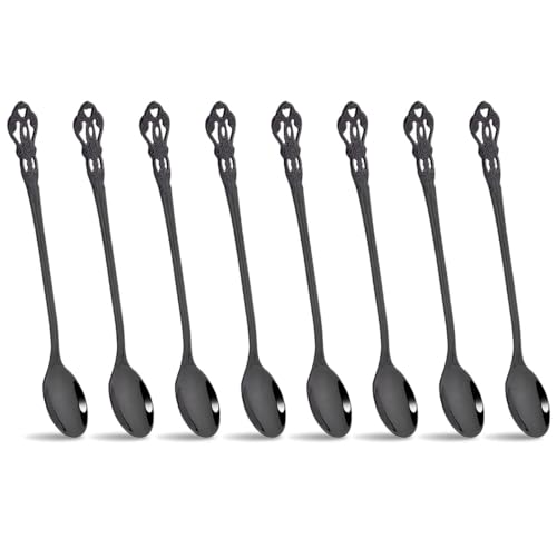 BRIIEC 8-Piece Long Handle Spoons Set Vintage Long Stir Spoons IceCream Spoons Mixing Spoons Set Mirror Polished with Unique Handle, Dishwasher Safe