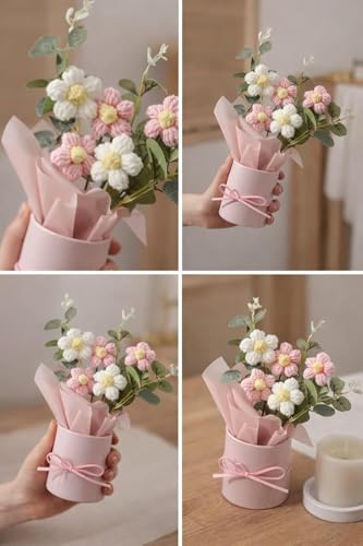 Image of Artificial Crochet Flower Bouquet /Artificial Flowers Bunch /Crochet Flowers Bouquet /Crochet Flowers /Flowers Bouquet for Girls Home Decor (Pink Bouquet)