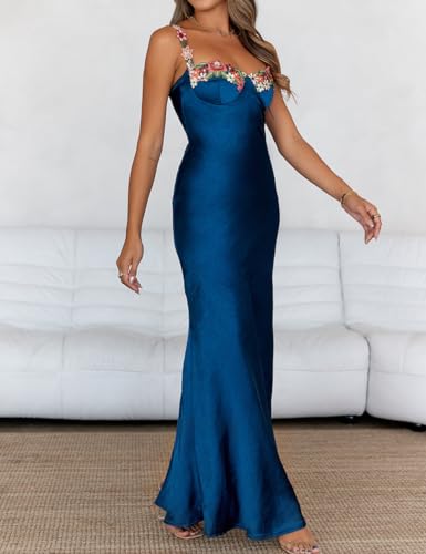 Sexy Satin Spaghetti Strap Floral Embroidered Maxi Dress for Women Sweetheart Neckline Backless Sleeveless Slit Midi Dress4