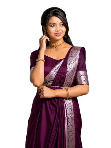 Image of Women's Glory Banarasi Satin Silk Saree Plain Silver Zari | Unstiched Blouse Piece Included.