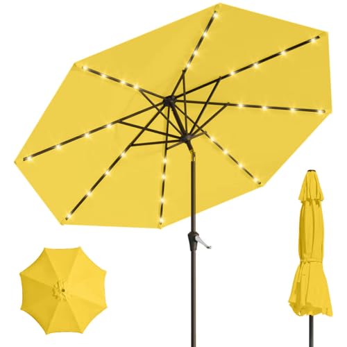 Image of 9' Solar LED Patio Umbrella with Tilt & Crank|8 Sturdy Ribs,UV Protection,Outdoor Market Table Umbrella for Deck,Lawn,Pool,Backyard(Yellow)