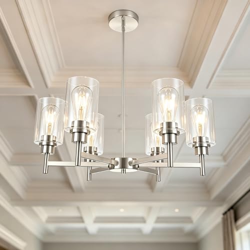 foucasal Brushed Nickel Chandelier for Dining Room, 6 Light Farmhouse Chandelier Fixture with Clear Glass Shades, Pendant Light Fixture Over Table for Kitchen Island Living Room Staircase by foucasal - Used condition - US$94.99