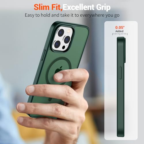 Image of SUPFINE Magnetic for iPhone 14 Pro Case (Compatible with MagSafe)(Military Grade Drop Protection) Translucent Matte Shockproof Phone Case,Forest Green