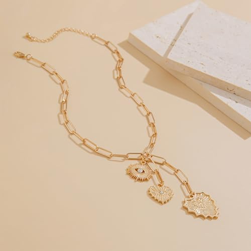 HETICA Chunky Gold Necklace for Women - Evil Eye Heart Charm Necklace Zirconia Charm Necklace Fashion Gold Jewelry Necklace for Women2