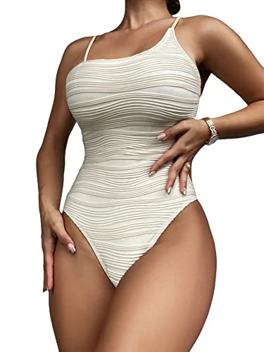 Milumia Women's One Piece Bathing Suit Textured Spaghetti Strap Swimsuit Beachwear Beige Small #TOP14