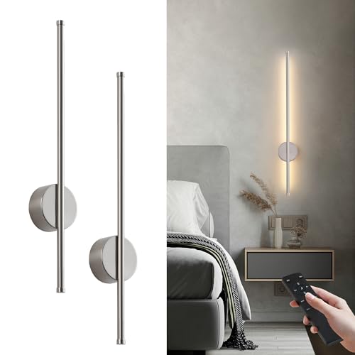 Image of Battery Operated Modern Wall Sconces, Dimmable Wireless Wall Light Set of Two with Remote Control, 3 Color Temperatures, Rechargeable LED Wall Sconce for Bedroom, Living Room,Hallway, 23.6 Inch Nickle