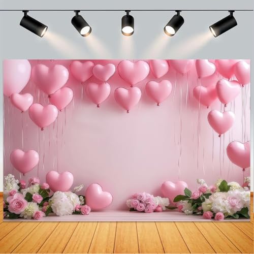 Yeele 9x6ft Romantic Pink Backdrop Pink Heart Balloon Flower Wall