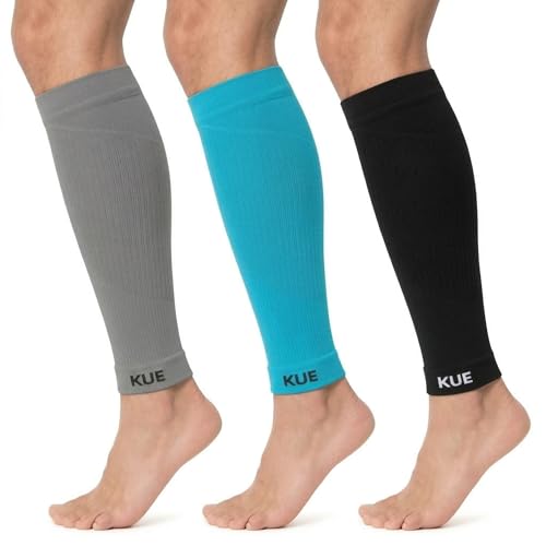 Image of KUE Compression Calf Sleeves for Running, Sports, & Medical Recovery | Graduated Support for Men & Women | Improves Blood Circulation, Pain Relief | UV Protection (Blue, Grey, 2 Pairs, L)