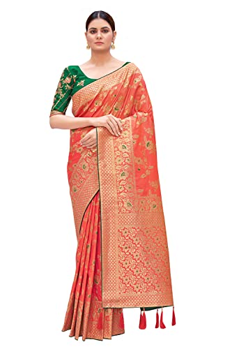 Monjolika Fashion Women's Banarasi Silk Blend Zari Woven Work With Tussles Saree and Unstitched Blouse Piece (37769 color) (Peach)