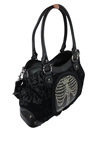 Lost Queen Black Goth Steampunk Flocked Ribcage Skeleton Cameo Handbag Shoulder Bag, Large2