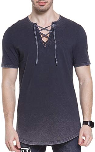 Hipster Men T-Shirt Hip Hop Muscle Lace Up Longline Distressed V Neck Long Hem