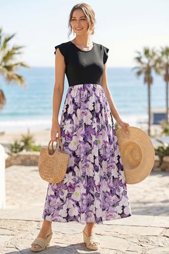 Image of OUGES Women's Maternity Dress Summer Ruffle Sleeve Patchwork Casual Flowy Maxi Dresses with Pockets