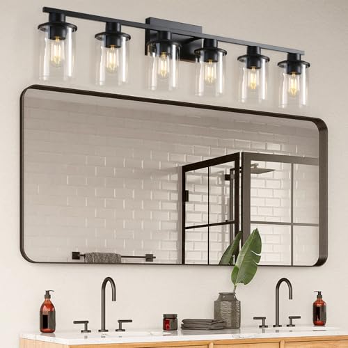 LOUSACE 6 Light Bathroom Vanity Light Matte Black Bathroom Light Fixtures Modern Bathroom Lights Over Mirror with Clear Glass Shade Wall Sconce Lighting for Bathroom Mirror