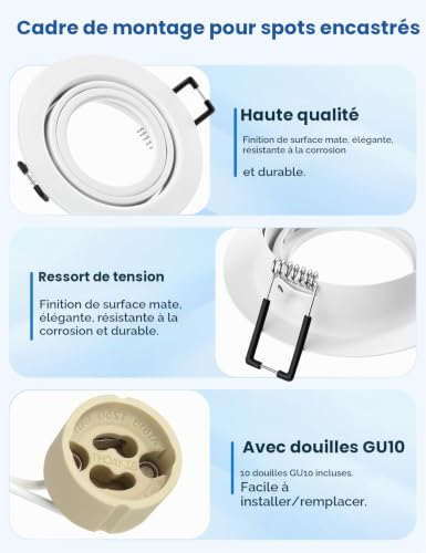 QOJUX Spot Encastrable GU10 Set, Lot de 10 Cadre Spot LED Encastrable 68mm – vue 4