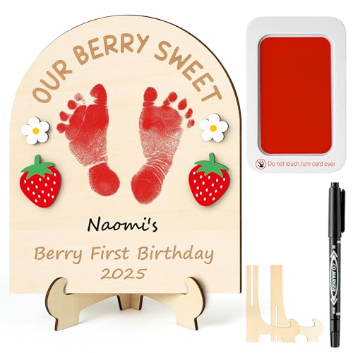 R HORSE Baby's 3D Berry First Birthday Footprint or Handprint Art Sign, Our Berry Sweet DIY Wooden Hanging Decoration, Newborn Keepsake Craft Gift for Unisex Baby First Birthday Baby Shower Photo Prop
