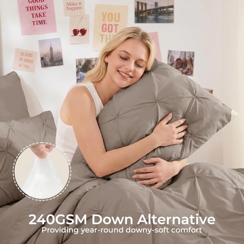 Image of Sasttie Twin Comforter Set, 5-Piece Bed in a Bag, Pintuck Bedding Sets for All Season, Includes Comforter, Flat Sheet, Fitted Sheet, Pillowcase and Pillowsham, Dark Linen