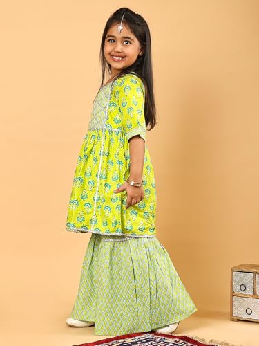 Image of superminis Baby Girl's Cotton Sanganeri /Floral Printed Frock Style Kurti With Printed Sharara Dress Clothing Set