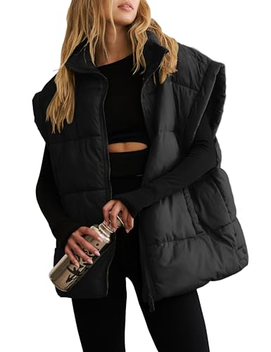 Women's Winter Crop Puffer Vest Lightweight Warm Flysleeve Stand Collar Padded Puffy Jackets Coats with Pockets