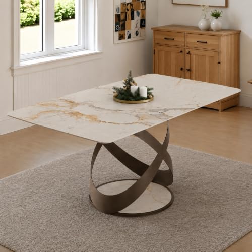 Image of Wakefit Mochi Dining Table - Golden Statuario - 6 Seater I Marble Finish I Vitrified Tile Top I Golden Statuario